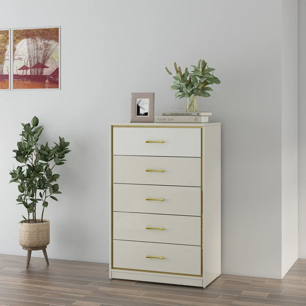 Stellar Chest of 5 Drawers in High Gloss White Colour dimensions