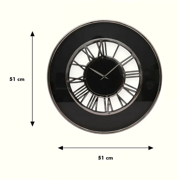 Bello Roman Wall Clock 51cm in Nickle Black Colour dimensions