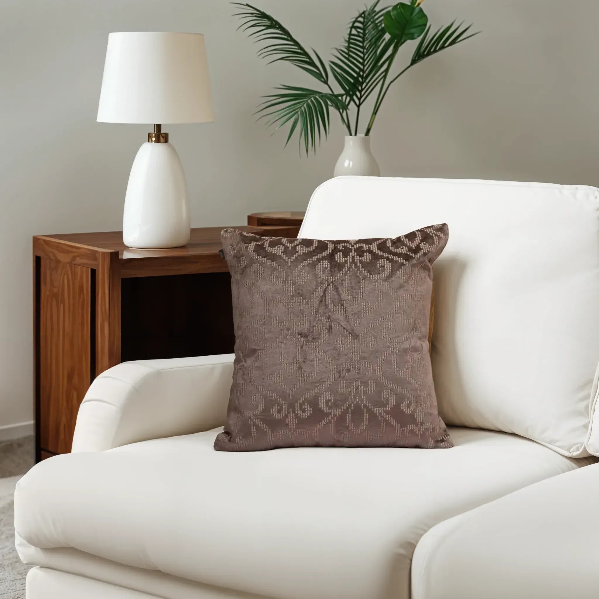 Plush Elegance Zari Embroidery Cushion Cover Toupe, 40X40cm By LIVING ESSENCE - HomeTown