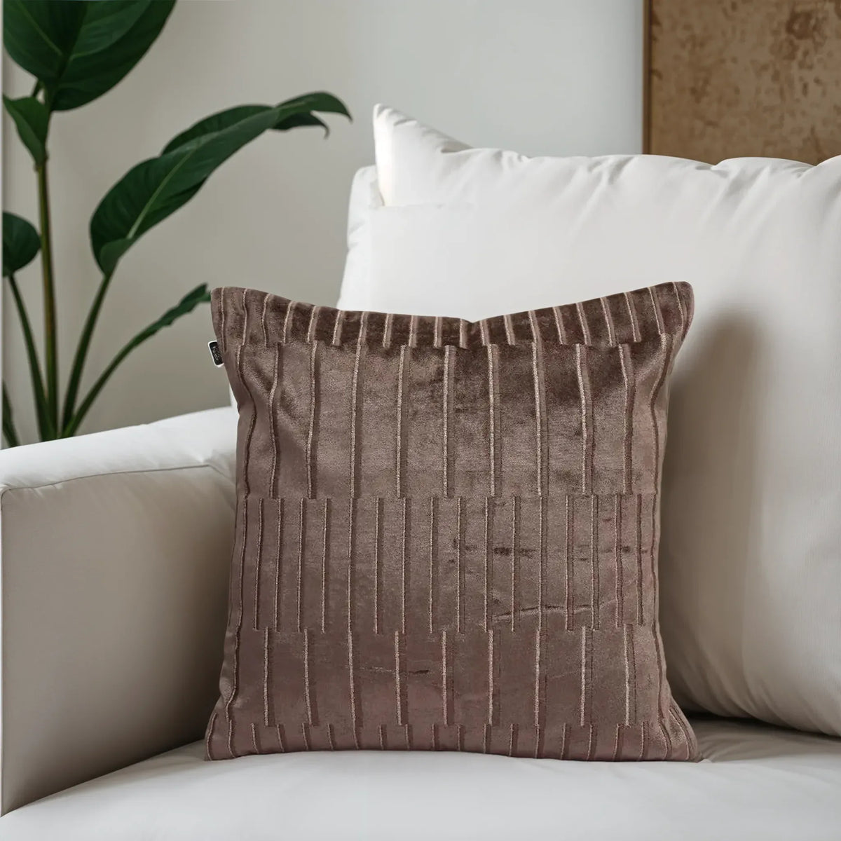 Plush Elegance Geometric Zari Embroidery Cushion Cover Toupe, 40X40cm By LIVING ESSENCE - HomeTown